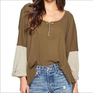 Free People Cotton Khaki Green Raglan Gray Sleeve Pullover Relaxed Top NEW